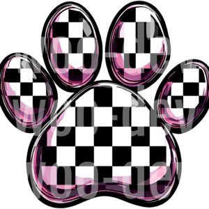 Pink Checkered Racing Paw Print Design with Chrome Effect