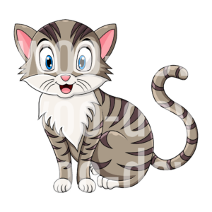 Cute Cartoon Gray Tabby Cat Blue Eyes Happy Sitting Kitten