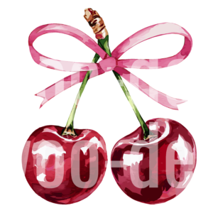 Twin Red Cherries with Pink Ribbon Bow Coquette Watercolor