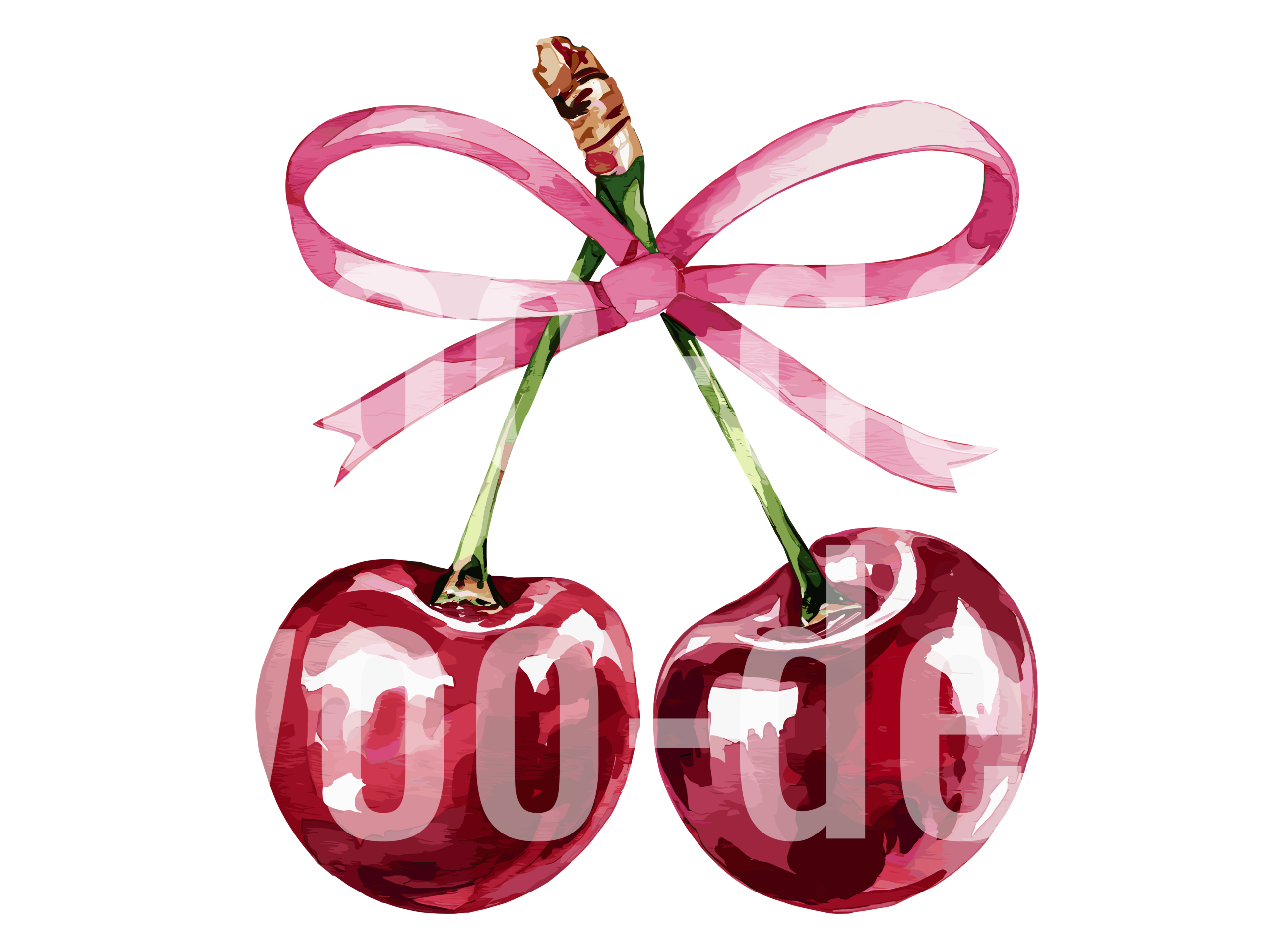 Twin Red Cherries with Pink Ribbon Bow Coquette Watercolor